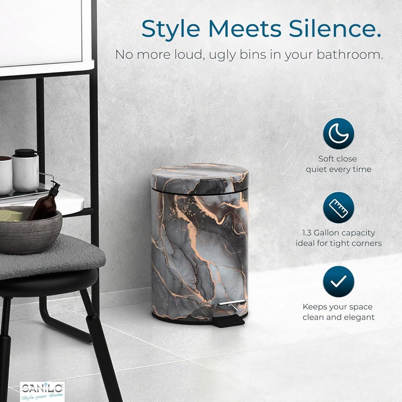 Sanilo Small Bathroom Trash Can with Lid [1.3 Gallon], Lidded Tiny Trashcan for Garbage, Mini Metal Bin with Soft Closing Mechanism, Bath Room Accessoire Wastebin with Inner Bucket (Marble Abstract) - Image 3